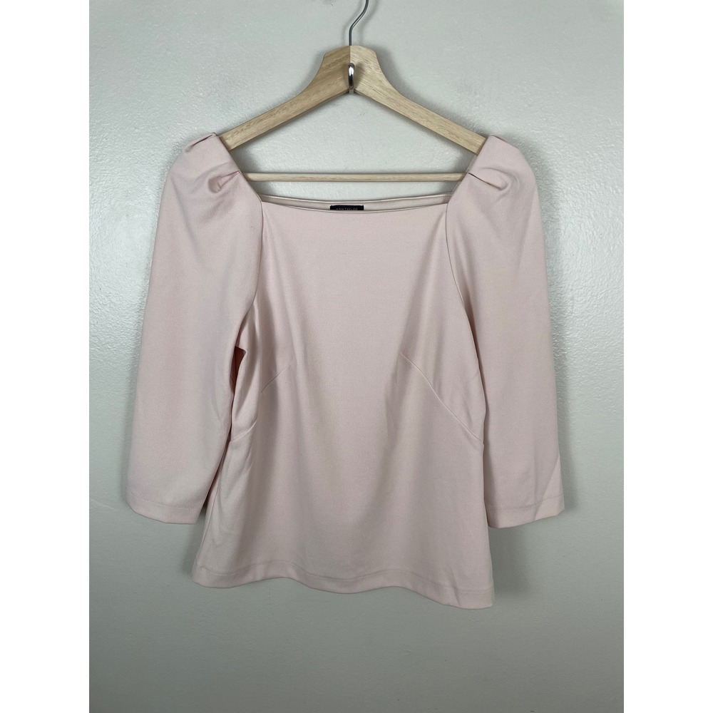 Ann Taylor Women's XS Square Neck Top Pink Puff Sleeve 3/4 Sleeve Stretch